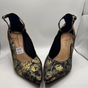 Christian Siriano Black and Gold Floral Heels